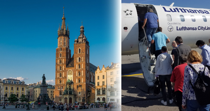 Die Pilger besteigen das Flugzeug, das sie nach Krakau bringt (Bild rechts). Hier erwartet sie ein vielfältiges Programm auf den Spuren von Papst Johannes Paul II. (Fotos: gem, U. Schwab)