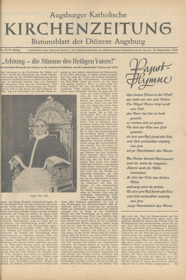 Titelseite der Augsburger Katholischen Kirchenzeitung vom 12. September 1948
