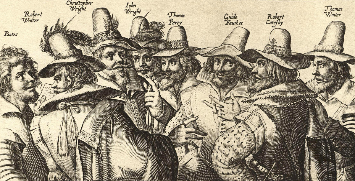 Guy Fawkes (Dritter von rechts) im Kreise seiner Mitverschwörer auf einem zeitgenössischen Kupferstich. (Foto: gem)