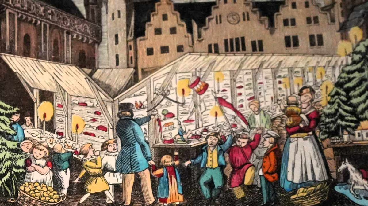 Der Frankfurter Weihnachtsmarkt im 18. Jahrhundert, dargestellt von „Struwwelpeter“-Vater Heinrich Hoffmann (1851). (Foto: gem)