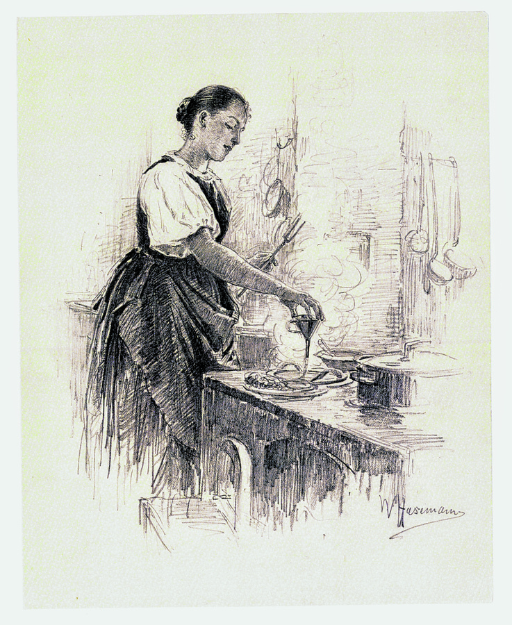„Beim Striwili backen“ ist diese junge Hausfrau auf der Zeichnung von Wilhelm Hasemann aus der zweiten Hälfte des 19. Jahrhunderts zu sehen. (Repro: Krauß)