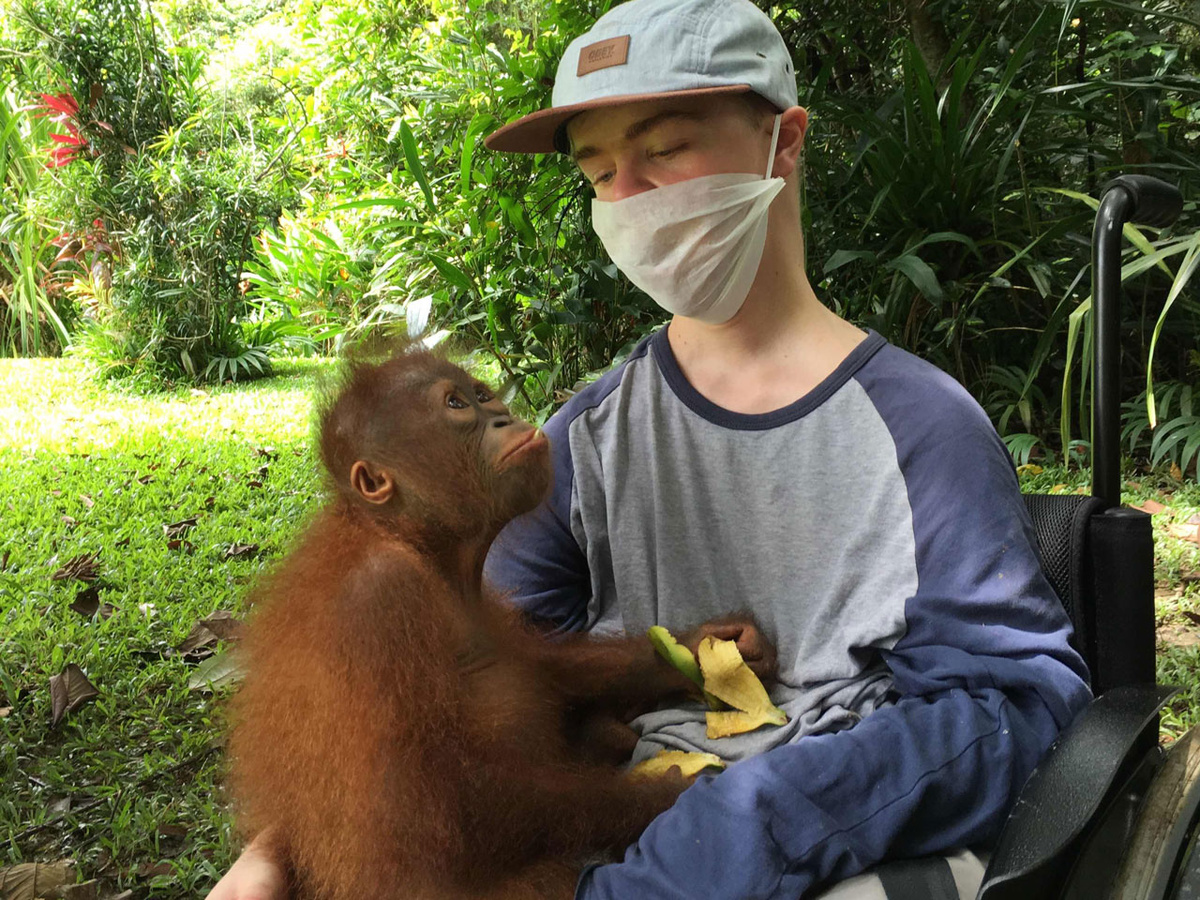 Auf Borneo konnte Benni Over die Orang-Utans in ihrer Heimat hautnah erleben: Orang-Utan-Mädchen Mona beschnuppert ihn neugierig. (Foto: Klaus Over)