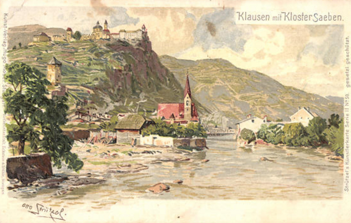 Das Städtchen Klausen an der Eisack mit dem Kloster hoch droben auf dem Säbener Berg: Südtirols erster Bischofssitz ist ein historisch beliebtes Postkartenmotiv. (Repro: Raffeiner)