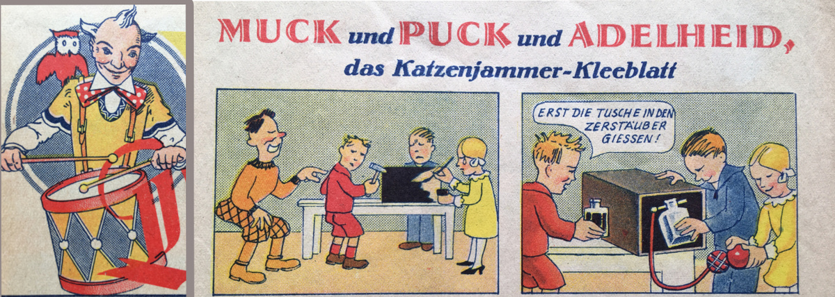Als „Onkel Dideldum“ verewigte sich Otto Waffenschmied auf dem Titel seiner Zeitschrift (links).  In dem Heft wechselten sich wiederkehrende Serien wie „Muck und Puck und Adelheid“ mit kurzen Comics ab. (Repro: Fels) 