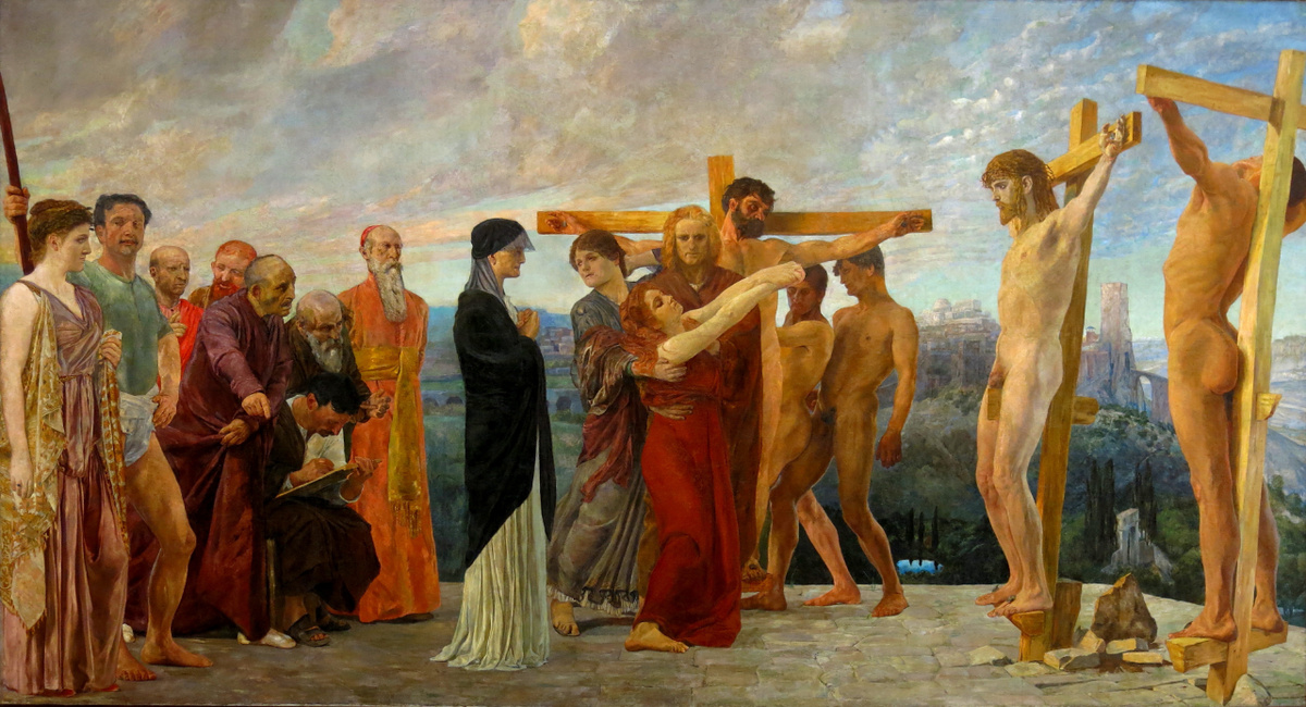 Provokant: Max Klinger malte seinen blonden Jesus in „Die Kreuzigung Christi“ völlig nackt. Johannes hat die Gesichtszüge Ludwig van Beethovens. (Foto: Thiede)