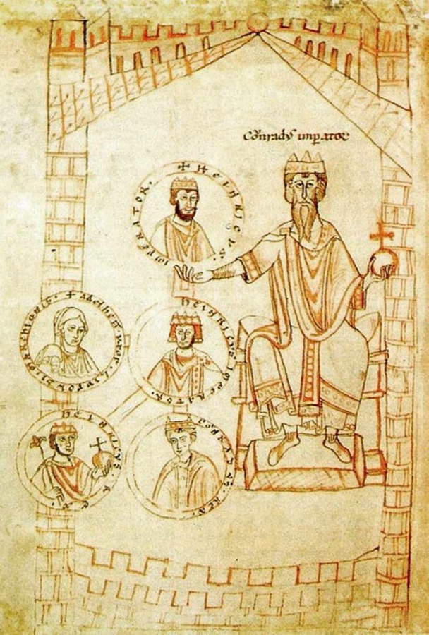 Kaiser Konrad (mit Reichsapfel) und Bildnissen seiner Nachkommen auf einer Handschrift (um 1130). (Foto: Schenk)