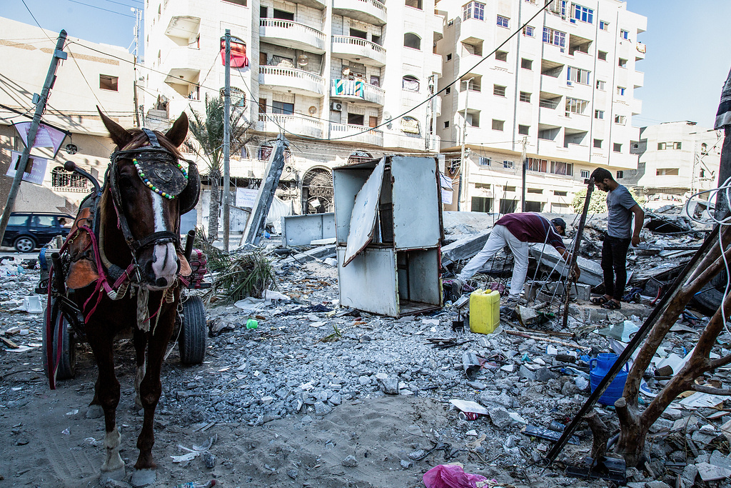 Ein Pferdekarren steht auf Trümmern eines zerbombten Hauses in Gaza am 5. Juni 2021. Zwei Männer durchsuchen die Trümmer. (Foto: KNA)