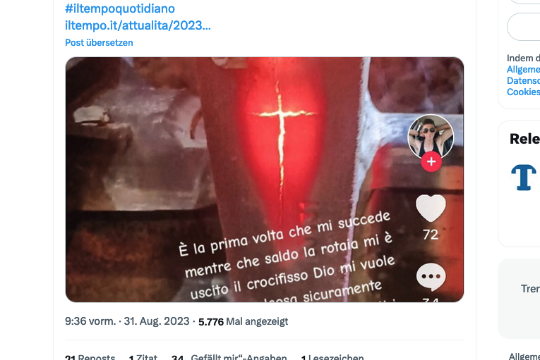 Der Gleisarbeiter postete Stunden vor seinem Tod das Foto eines glühenden Kreuzes auf Twitter. Foto: Il Tempo/Screenshot