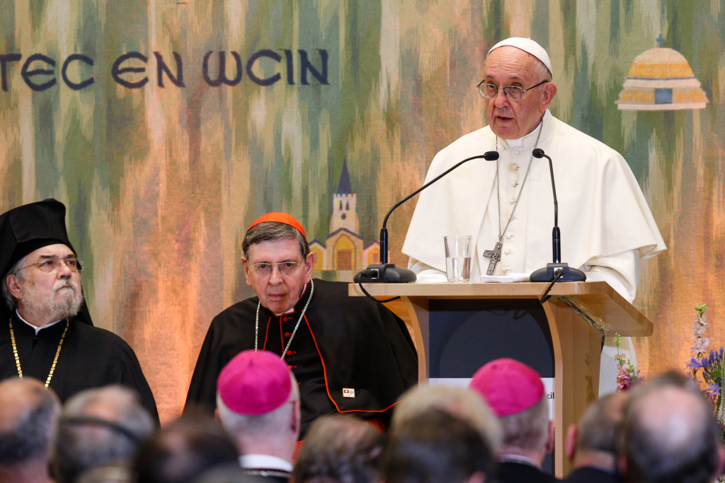 Papst Franziskus spricht bei der ökumenischen Begegnung im Ökumenischen Zentrum (ÖRK) in Genf. (Foto: KNA)